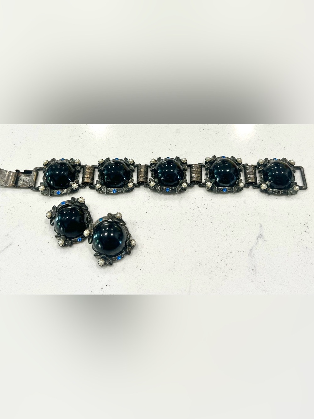 Selro Selini Vintage Black Glass Cabochon Rhinestone Bracelet & Earrings Set